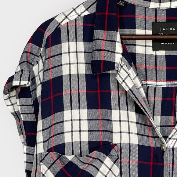 JACHS Girlfriend Button Up Top Women Size XXL Navy Red Plaid Cap Sleeve Pockets - Picture 3 of 11